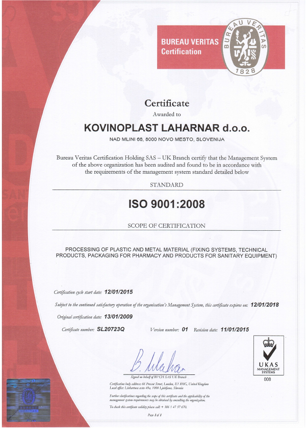 Certifika ISO Kovinoplast Laharnar